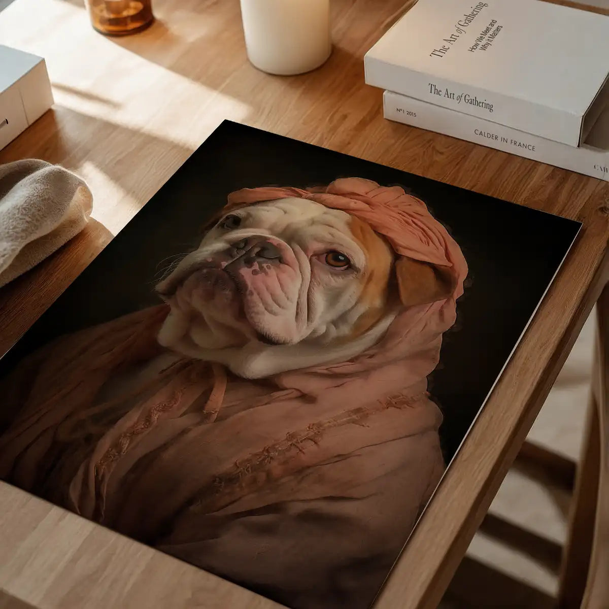 English Bulldog in Peach Outfit Print