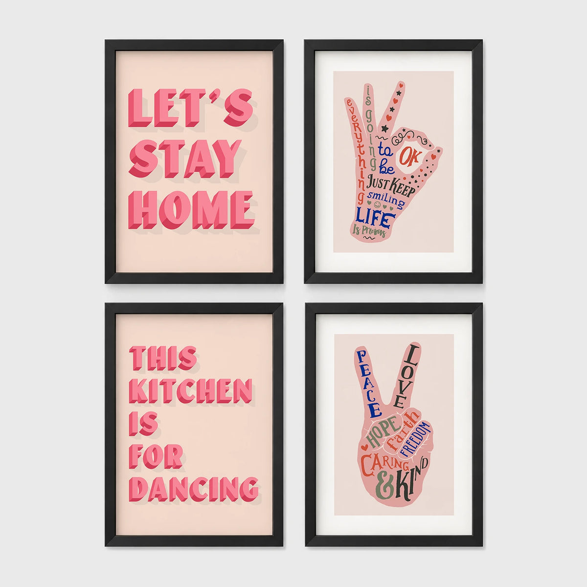 Set of 4 framed prints, famous artist exhibition posters: a William Morris floral pattern exhibition poster ("W. Morris"); a Warhol flower exhibition poster ("Warhol"); a Rousseau jungle painting exhibition poster ("Rousseau"); and a Picasso abstract exhibition poster ("Picasso") — unframed