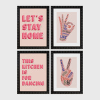 Set of 4 framed prints, famous artist exhibition posters: a William Morris floral pattern exhibition poster ("W. Morris"); a Warhol flower exhibition poster ("Warhol"); a Rousseau jungle painting exhibition poster ("Rousseau"); and a Picasso abstract exhibition poster ("Picasso") — unframed