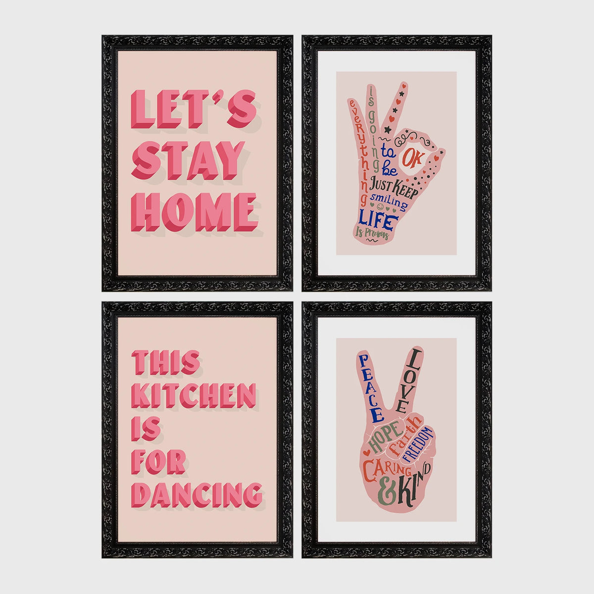 Set of 4 framed prints, famous artist exhibition posters: a William Morris floral pattern exhibition poster ("W. Morris"); a Warhol flower exhibition poster ("Warhol"); a Rousseau jungle painting exhibition poster ("Rousseau"); and a Picasso abstract exhibition poster ("Picasso") — unframed