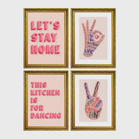 Set of 4 framed prints, famous artist exhibition posters: a William Morris floral pattern exhibition poster ("W. Morris"); a Warhol flower exhibition poster ("Warhol"); a Rousseau jungle painting exhibition poster ("Rousseau"); and a Picasso abstract exhibition poster ("Picasso") — unframed