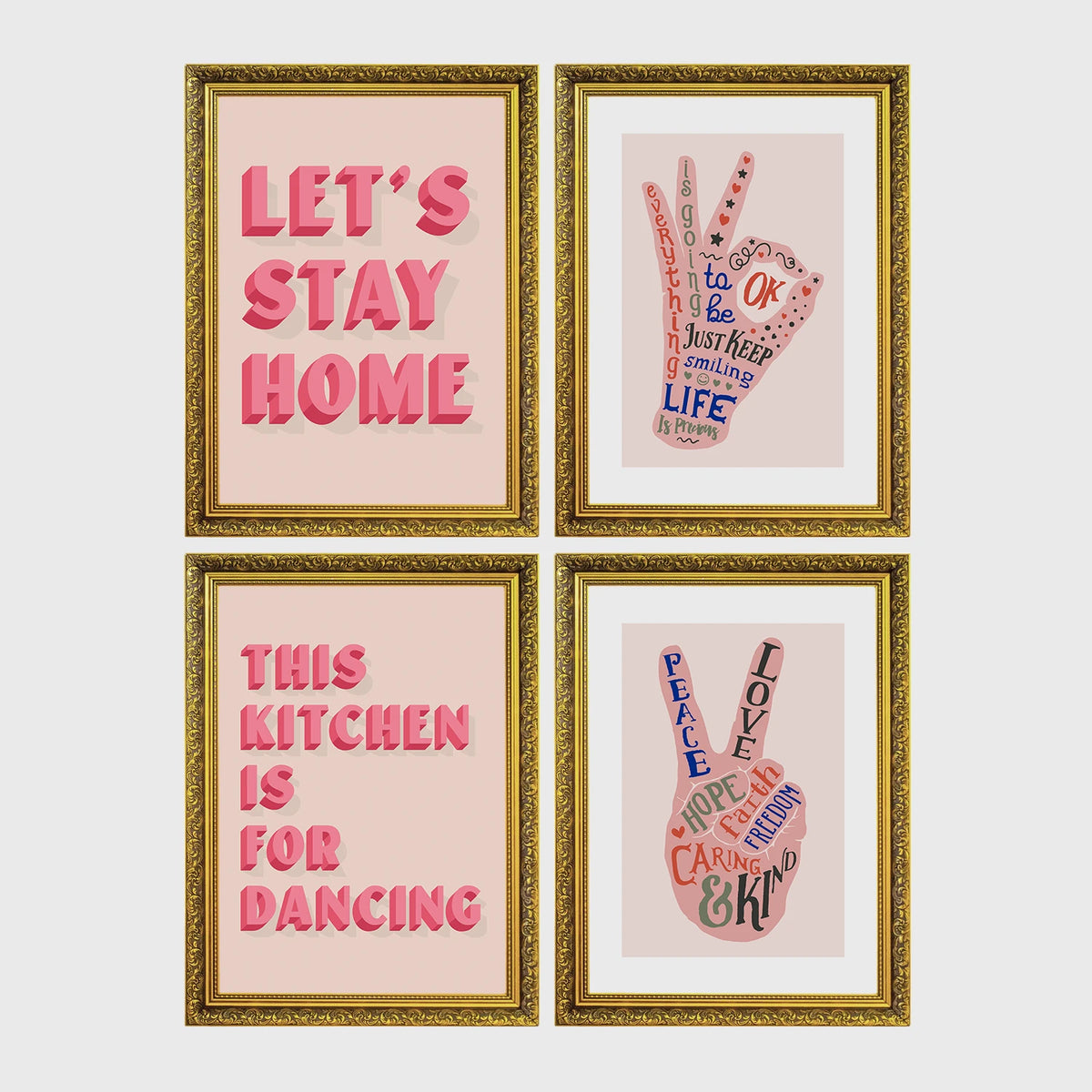 Set of 4 framed prints, famous artist exhibition posters: a William Morris floral pattern exhibition poster ("W. Morris"); a Warhol flower exhibition poster ("Warhol"); a Rousseau jungle painting exhibition poster ("Rousseau"); and a Picasso abstract exhibition poster ("Picasso") — unframed