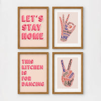 Set of 4 framed prints, famous artist exhibition posters: a William Morris floral pattern exhibition poster ("W. Morris"); a Warhol flower exhibition poster ("Warhol"); a Rousseau jungle painting exhibition poster ("Rousseau"); and a Picasso abstract exhibition poster ("Picasso") — unframed