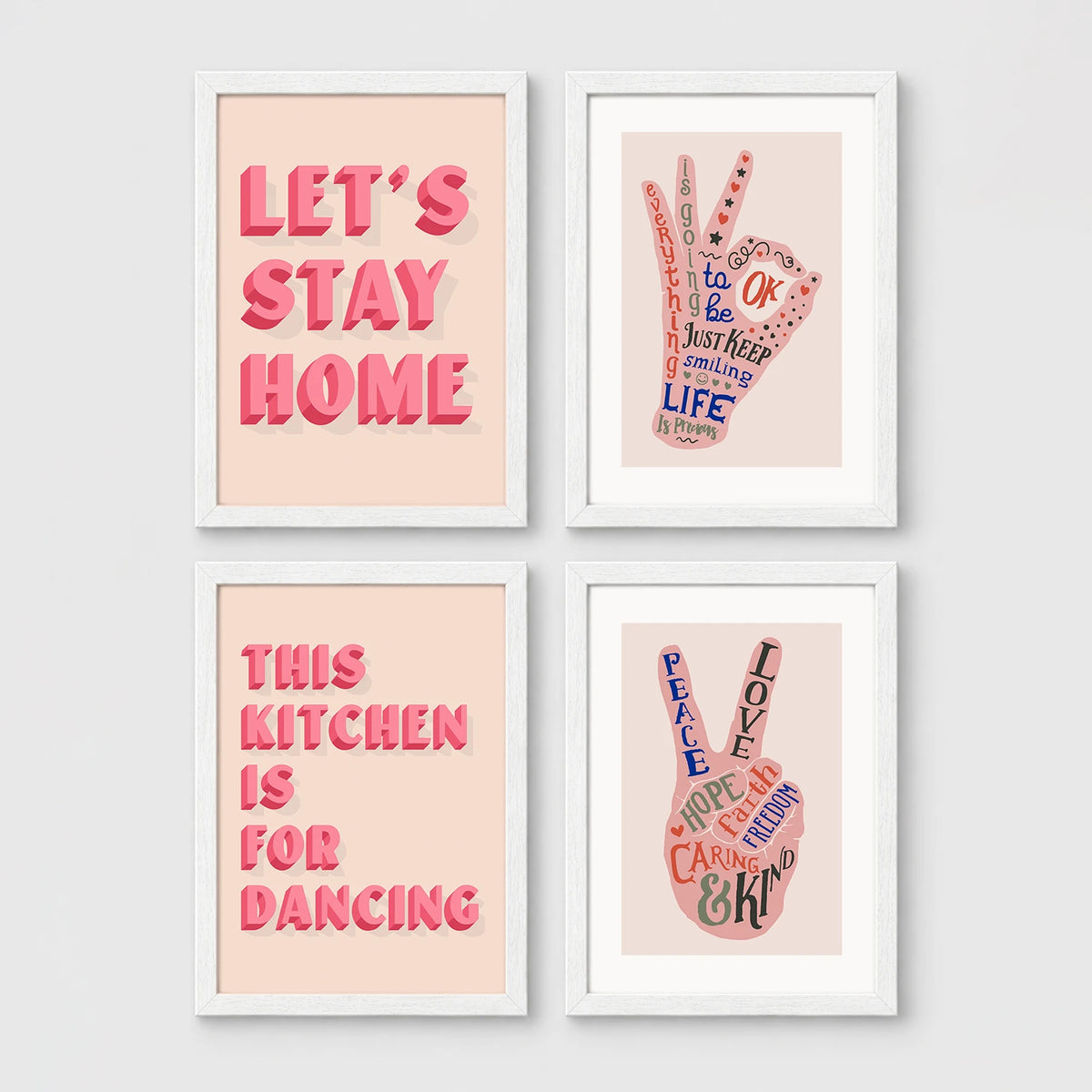 Set of 4 framed prints, famous artist exhibition posters: a William Morris floral pattern exhibition poster ("W. Morris"); a Warhol flower exhibition poster ("Warhol"); a Rousseau jungle painting exhibition poster ("Rousseau"); and a Picasso abstract exhibition poster ("Picasso") — unframed