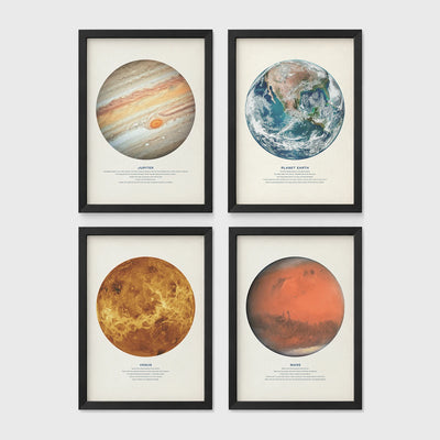 Set of 4 framed prints, stamp-style icon illustrations — unframed