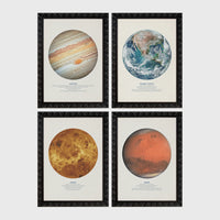 Set of 4 framed prints, stamp-style icon illustrations — unframed