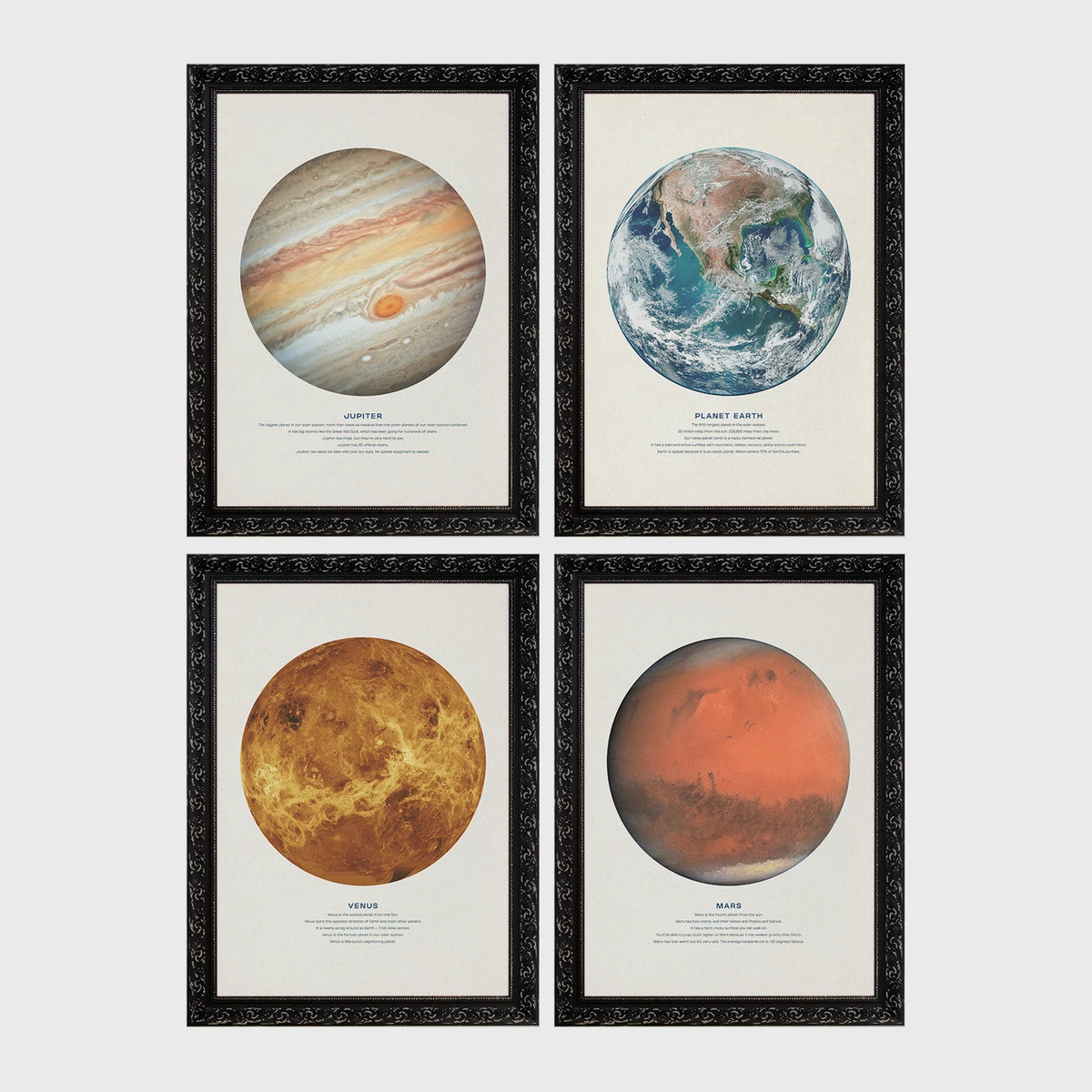 Set of 4 framed prints, stamp-style icon illustrations — unframed