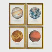 Set of 4 framed prints, stamp-style icon illustrations — unframed