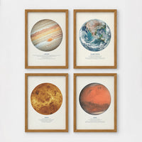 Set of 4 framed prints, stamp-style icon illustrations — unframed