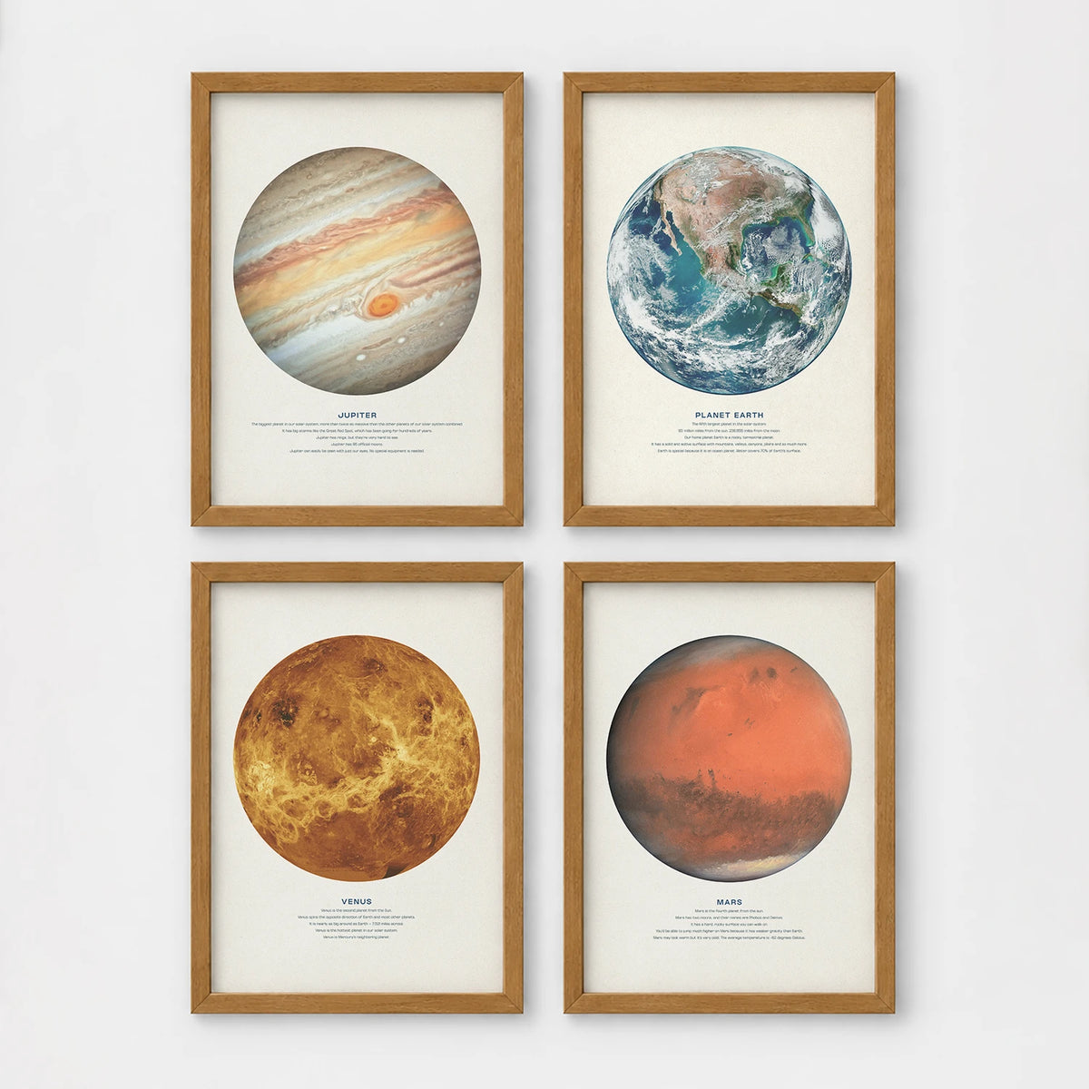 Set of 4 framed prints, stamp-style icon illustrations — unframed