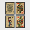 Set of 4 framed prints, French-style illustrated floral posters: "Fleurs et Feuilles" abstract flower vase illustration; "Galerie de Fleurs" illustration of a woman with flowers; "Le Jardin" wildflower garden illustration; and "Saison du Marché" pink flower illustration — unframed