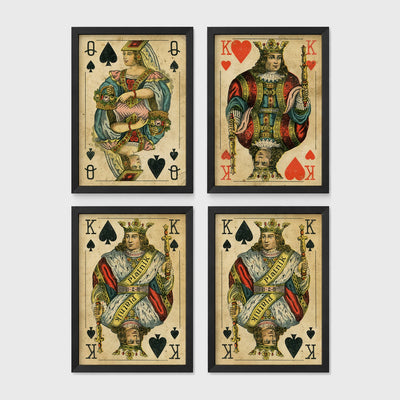 Set of 4 framed prints, vintage oversized playing cards: an Ace of Spades; a King of Hearts; a Joker; and a Queen of Hearts — unframed