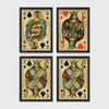 Set of 4 framed prints, vintage oversized playing cards: an Ace of Spades; a King of Hearts; a Joker; and a Queen of Hearts — unframed