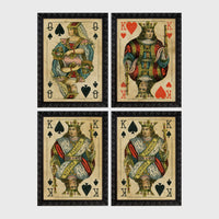 Set of 4 framed prints, vintage oversized playing cards: an Ace of Spades; a King of Hearts; a Joker; and a Queen of Hearts — unframed