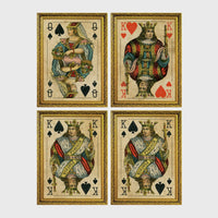 Set of 4 framed prints, vintage oversized playing cards: an Ace of Spades; a King of Hearts; a Joker; and a Queen of Hearts — unframed