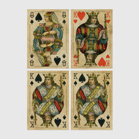 Set of 4 framed prints, vintage oversized playing cards: an Ace of Spades; a King of Hearts; a Joker; and a Queen of Hearts — unframed
