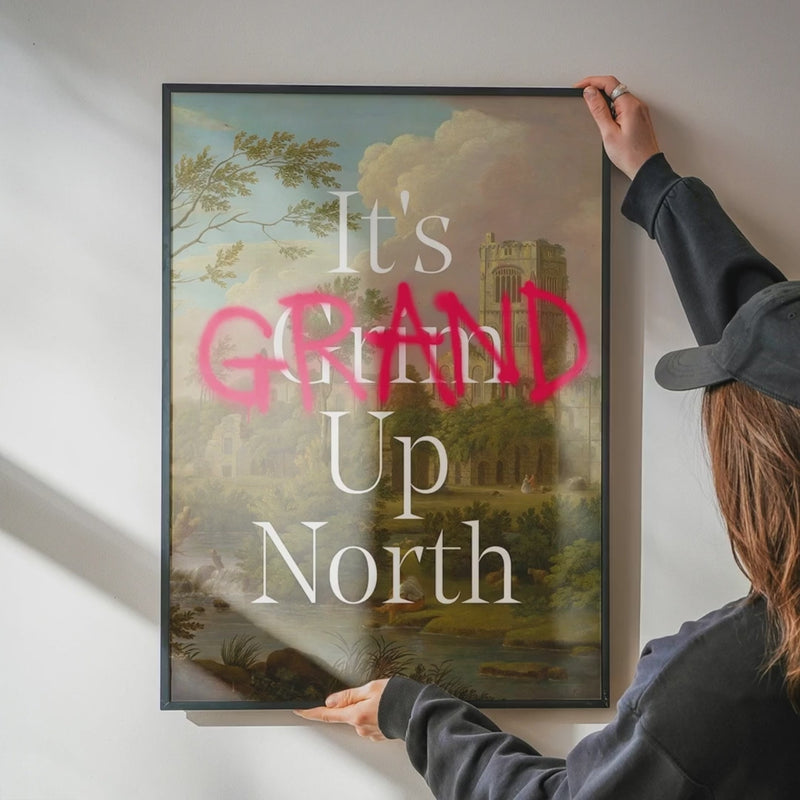 It's grand up north — framed art print shown placed on a wall, close-up print detail, and styled in a room