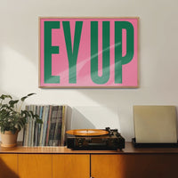 Ey Up landscape print — wall, desk, close-up detail and room views