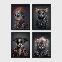 Set of 4 framed prints, punk-style animal portraits: a lizard with a pink mohawk and studded leather jacket; a mouse in a studded punk jacket; a puppy in a punk jacket; and a kitten with a punk hairdo and studded jacket — unframed