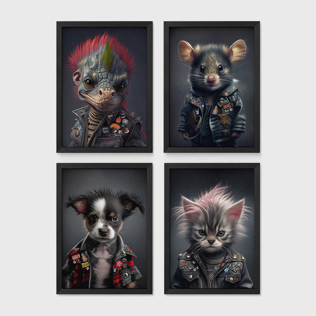 Set of 4 framed prints, punk-style animal portraits: a lizard with a pink mohawk and studded leather jacket; a mouse in a studded punk jacket; a puppy in a punk jacket; and a kitten with a punk hairdo and studded jacket — unframed