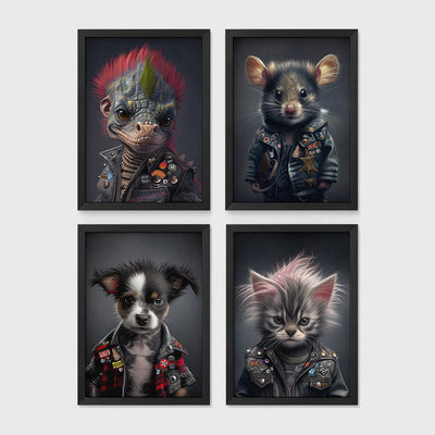 Set of 4 framed prints, punk-style animal portraits: a lizard with a pink mohawk and studded leather jacket; a mouse in a studded punk jacket; a puppy in a punk jacket; and a kitten with a punk hairdo and studded jacket — unframed