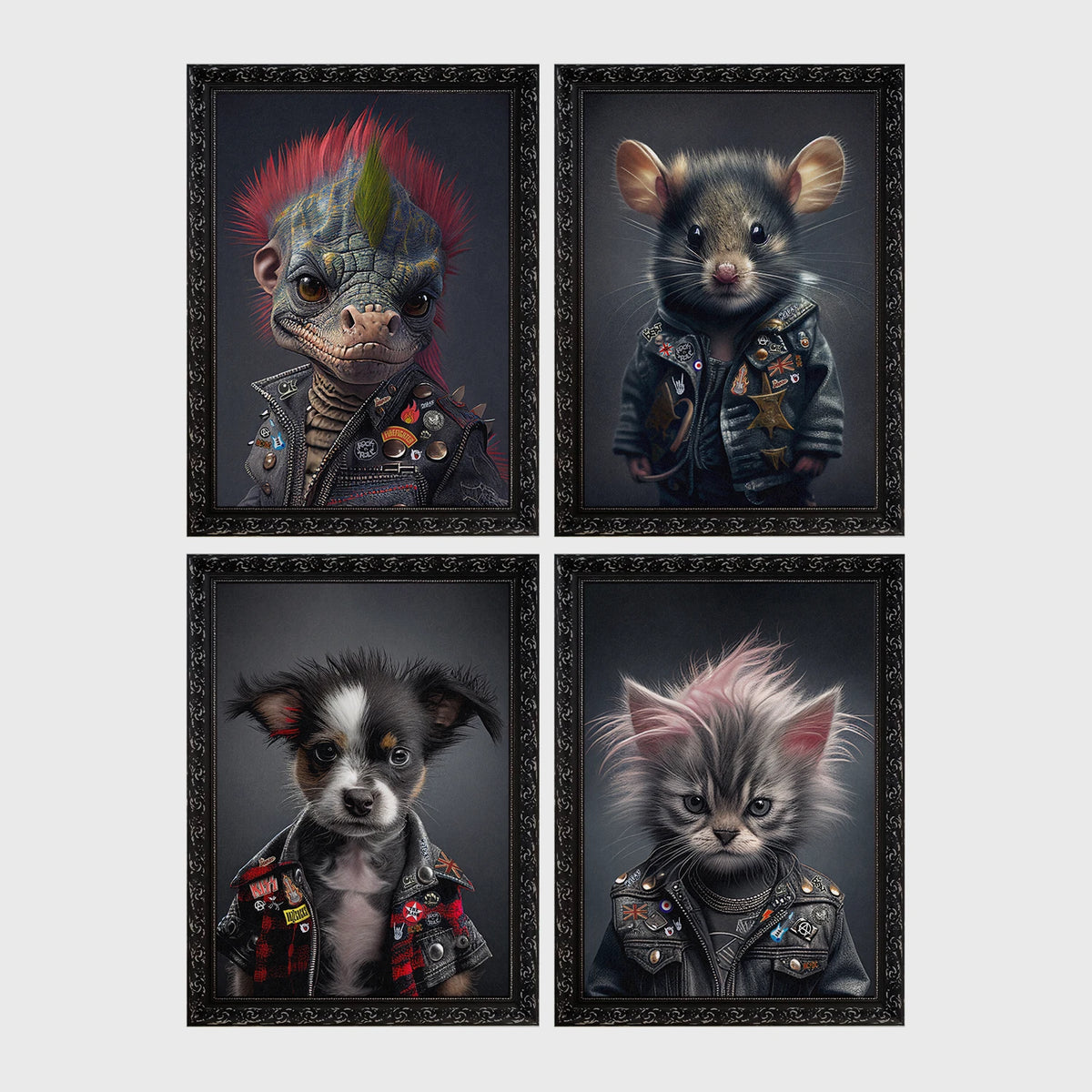 Set of 4 framed prints, punk-style animal portraits: a lizard with a pink mohawk and studded leather jacket; a mouse in a studded punk jacket; a puppy in a punk jacket; and a kitten with a punk hairdo and studded jacket — unframed