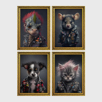 Set of 4 framed prints, punk-style animal portraits: a lizard with a pink mohawk and studded leather jacket; a mouse in a studded punk jacket; a puppy in a punk jacket; and a kitten with a punk hairdo and studded jacket — unframed