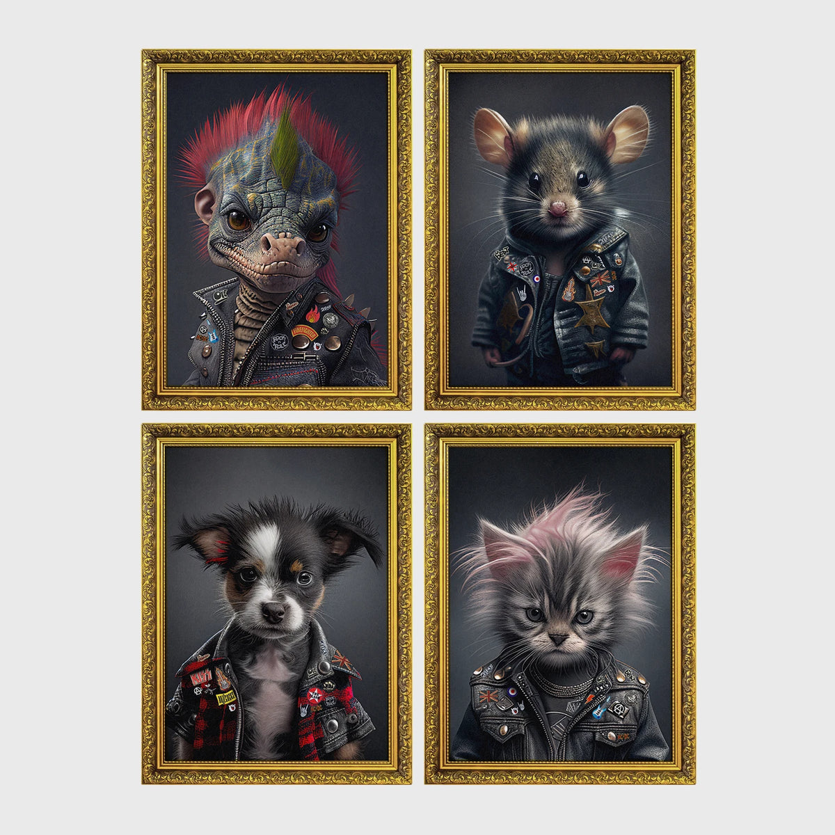 Set of 4 framed prints, punk-style animal portraits: a lizard with a pink mohawk and studded leather jacket; a mouse in a studded punk jacket; a puppy in a punk jacket; and a kitten with a punk hairdo and studded jacket — unframed