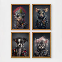 Set of 4 framed prints, punk-style animal portraits: a lizard with a pink mohawk and studded leather jacket; a mouse in a studded punk jacket; a puppy in a punk jacket; and a kitten with a punk hairdo and studded jacket — unframed