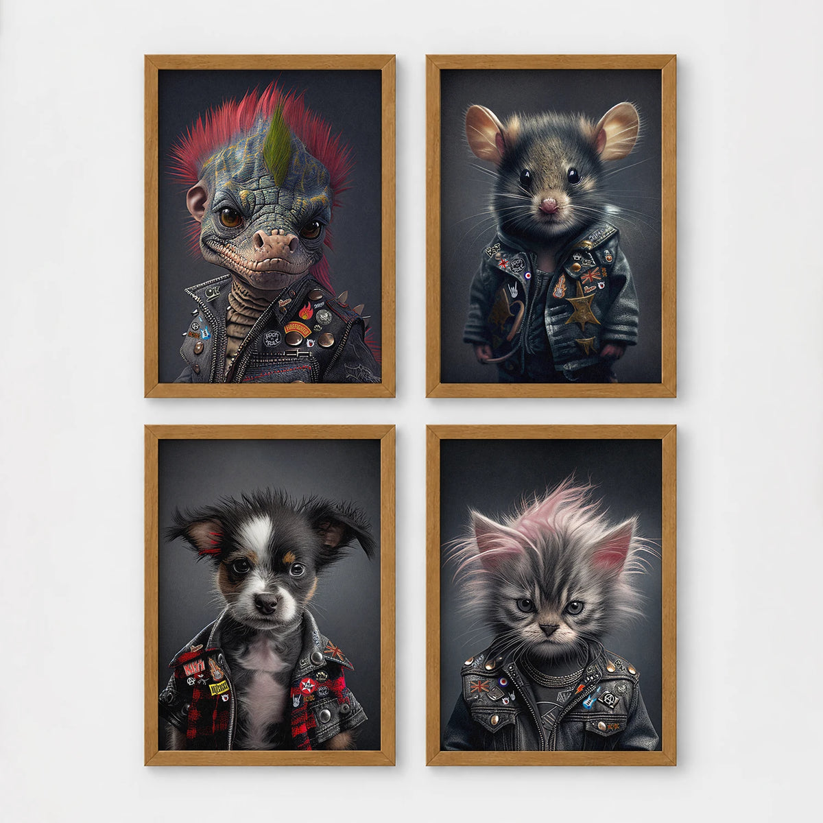 Set of 4 framed prints, punk-style animal portraits: a lizard with a pink mohawk and studded leather jacket; a mouse in a studded punk jacket; a puppy in a punk jacket; and a kitten with a punk hairdo and studded jacket — unframed