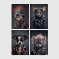 Set of 4 framed prints, punk-style animal portraits: a lizard with a pink mohawk and studded leather jacket; a mouse in a studded punk jacket; a puppy in a punk jacket; and a kitten with a punk hairdo and studded jacket — unframed