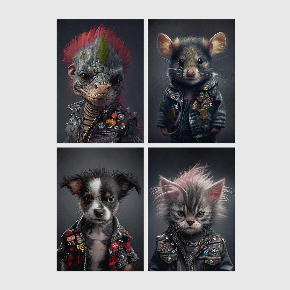 Set of 4 framed prints, punk-style animal portraits: a lizard with a pink mohawk and studded leather jacket; a mouse in a studded punk jacket; a puppy in a punk jacket; and a kitten with a punk hairdo and studded jacket — unframed