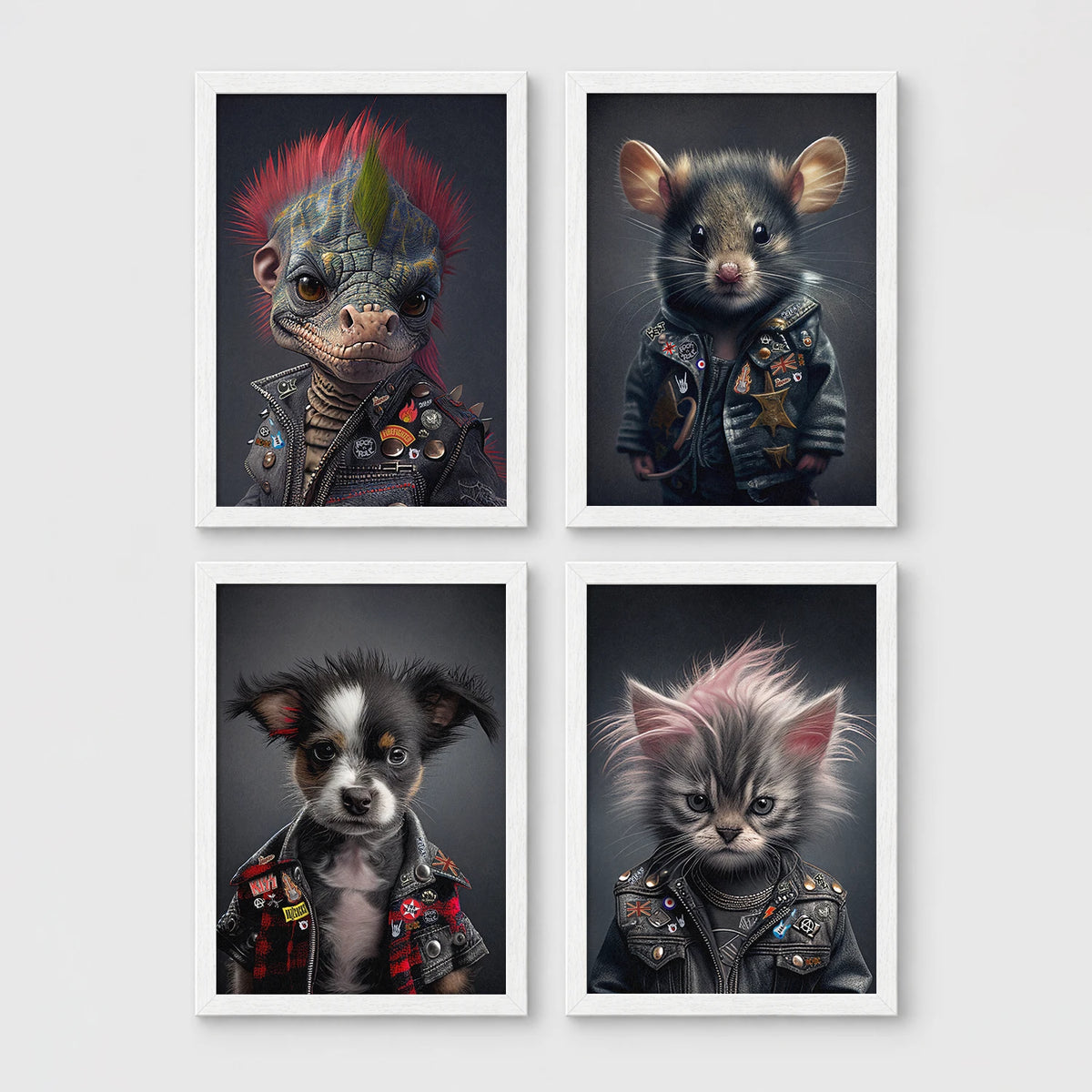 Set of 4 framed prints, punk-style animal portraits: a lizard with a pink mohawk and studded leather jacket; a mouse in a studded punk jacket; a puppy in a punk jacket; and a kitten with a punk hairdo and studded jacket — unframed