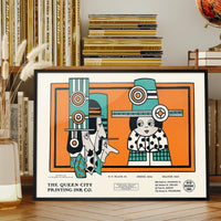 Queen City Printing Inks Vintage Poster - Green & Orange Figures Print