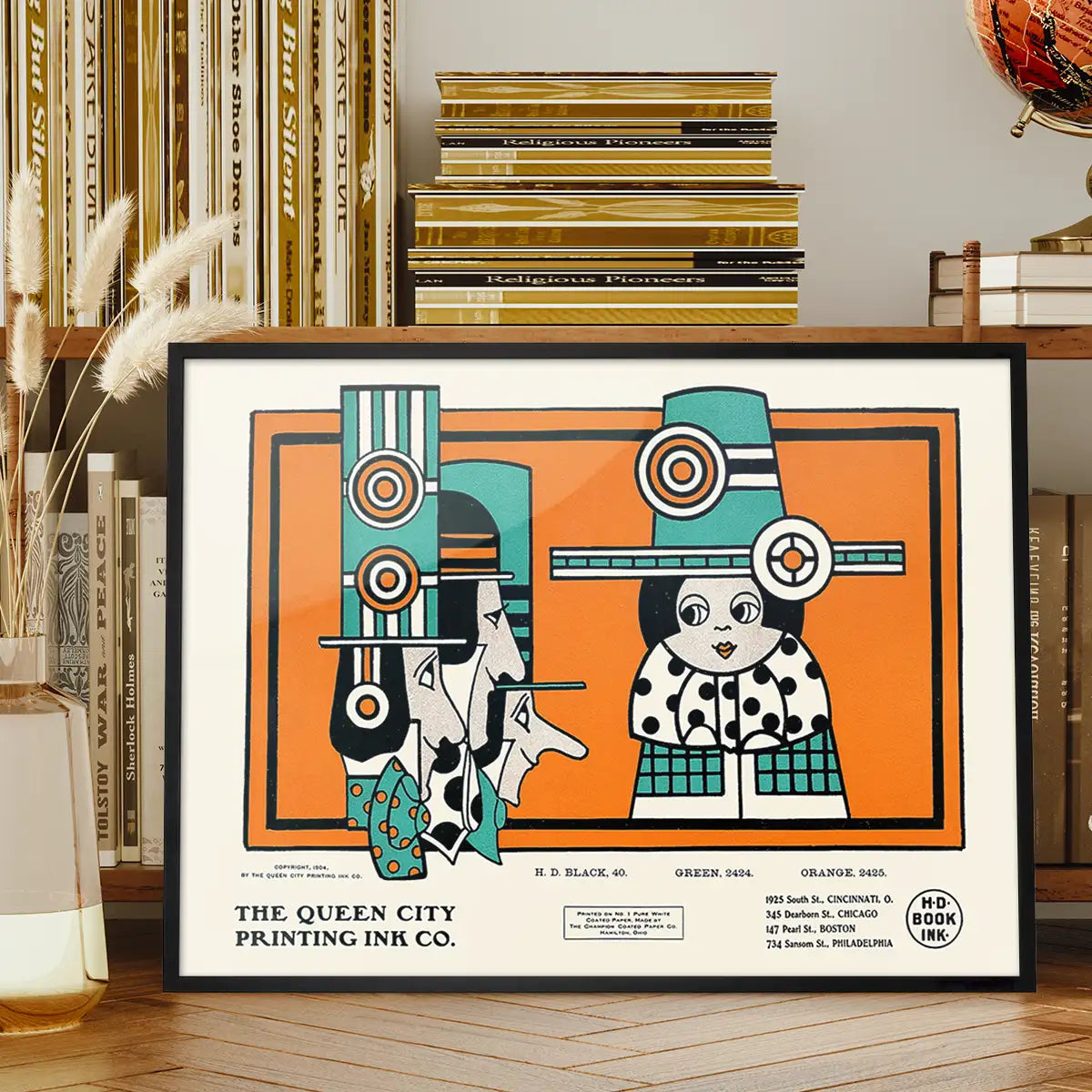 Queen City Printing Inks Vintage Poster - Green & Orange Figures Print