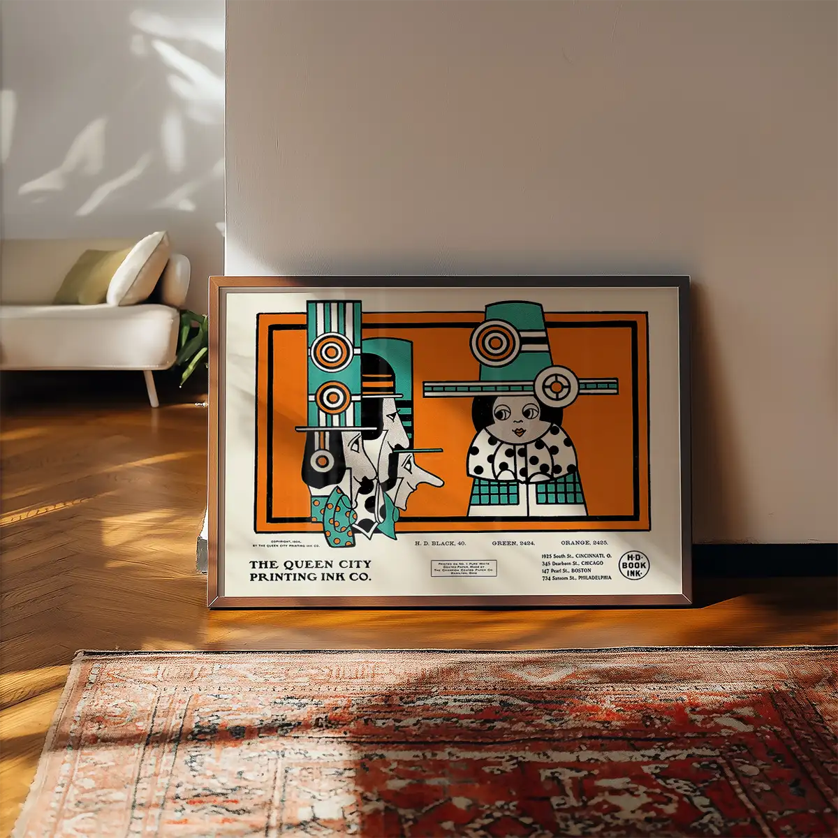 Queen City Printing Inks Vintage Poster - Green & Orange Figures Print