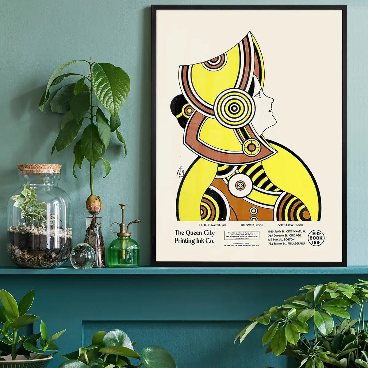 Queen City Printing Inks Vintage Poster - Yellow & Brown Lady Print
