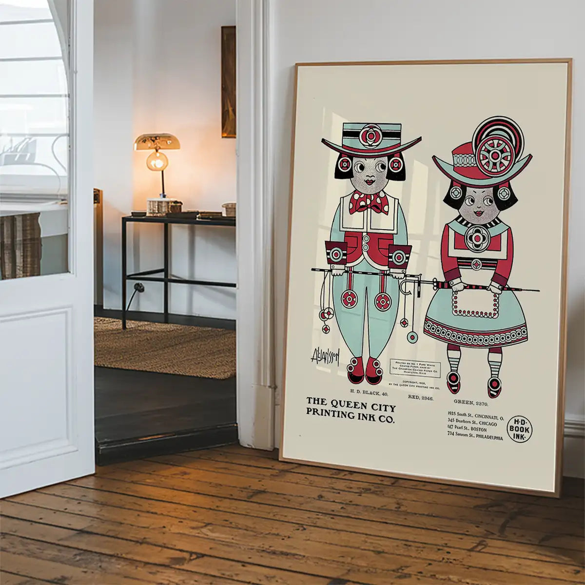 Queen City Printing Inks Vintage Poster - Red & Blue Figures Print