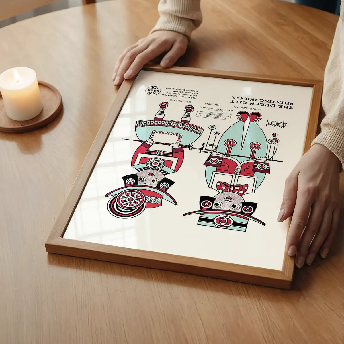 Queen City Printing Inks Vintage Poster - Red & Blue Figures Print