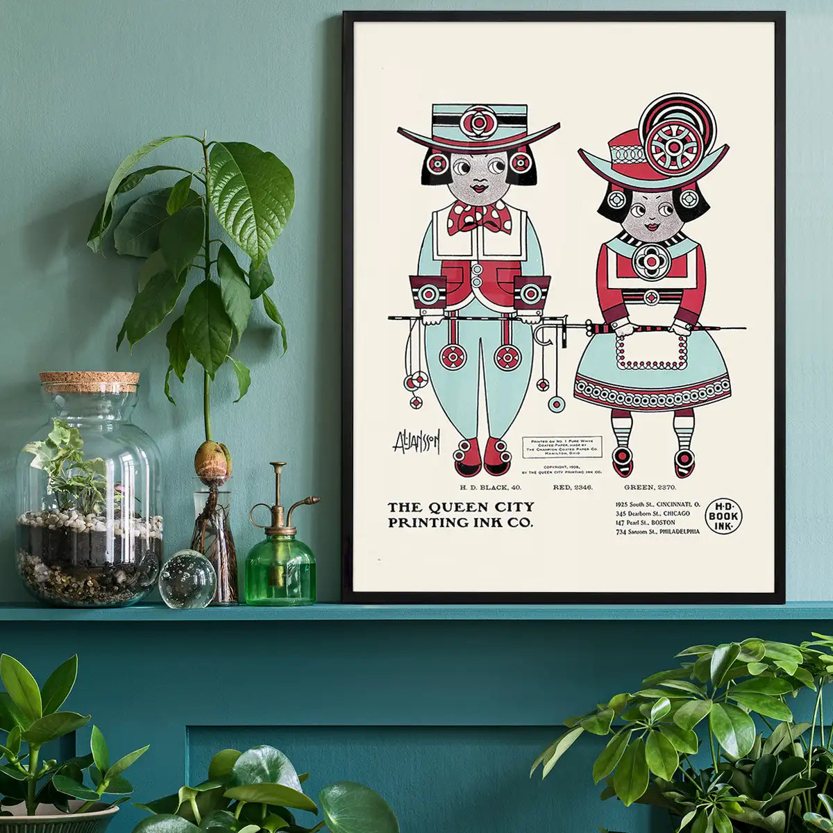 Queen City Printing Inks Vintage Poster - Red & Blue Figures Print