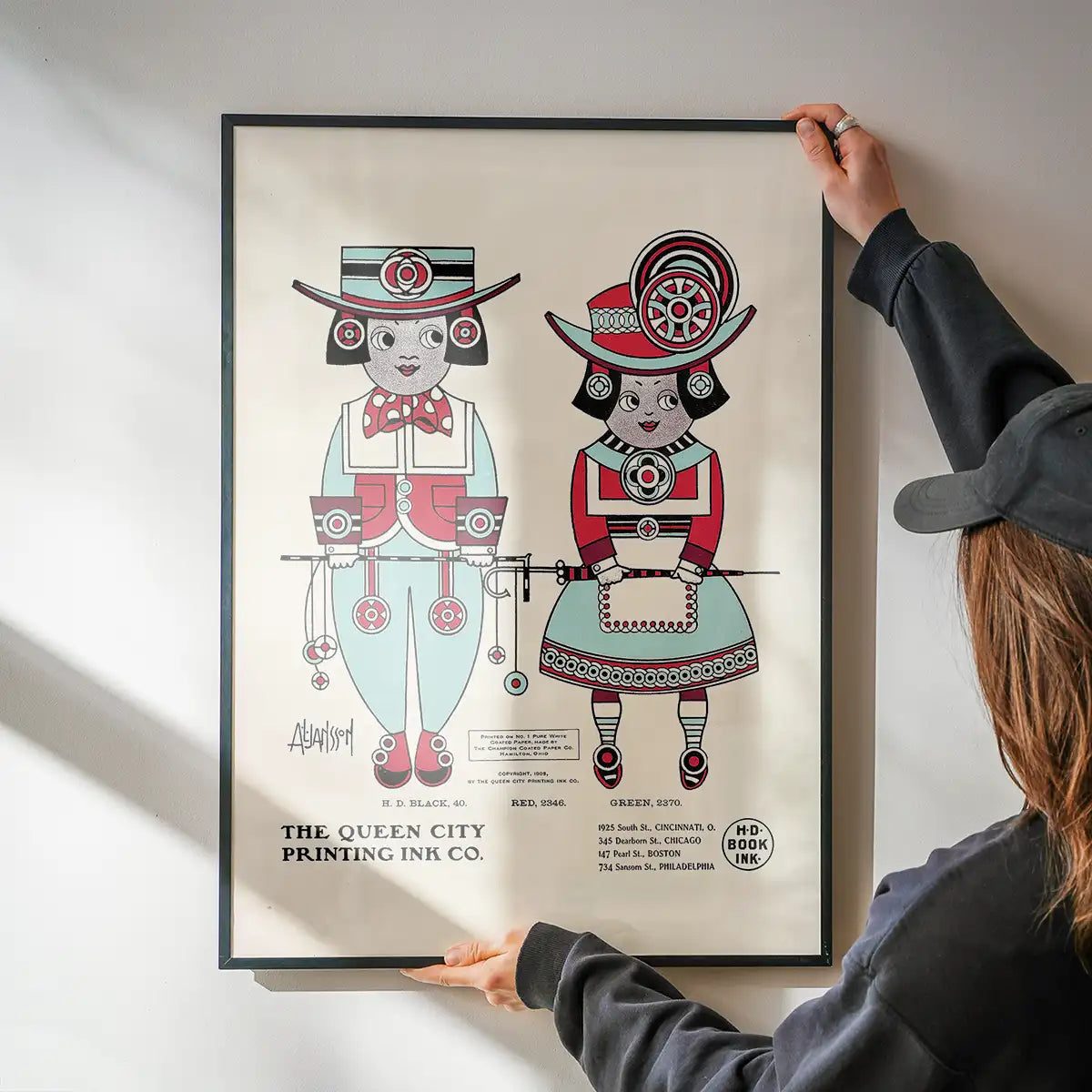 Queen City Printing Inks Vintage Poster - Red & Blue Figures Print