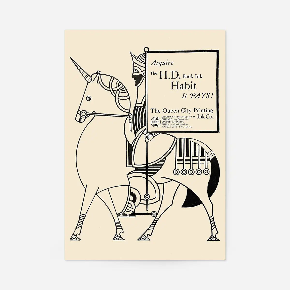 Queen City Printing Inks Vintage Poster - Black Line Drawing Knight Print