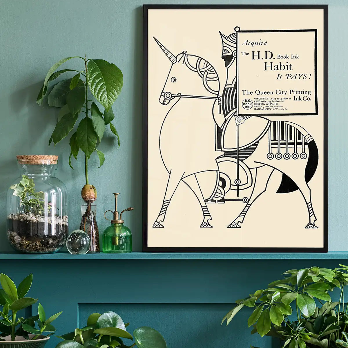Queen City Printing Inks Vintage Poster - Black Line Drawing Knight Print