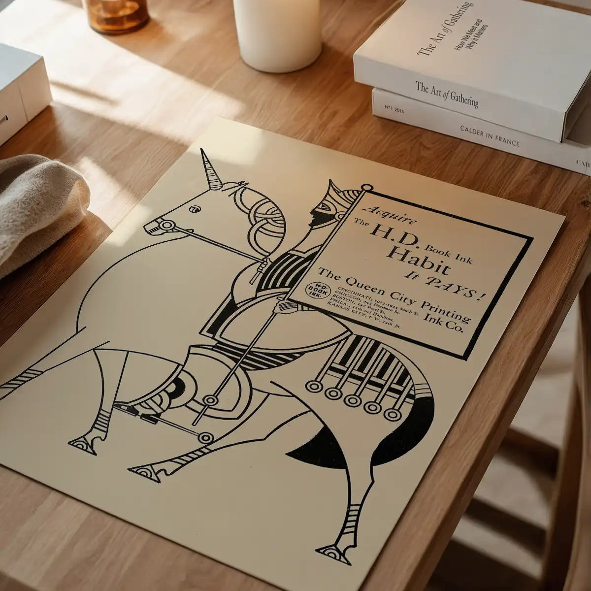 Queen City Printing Inks Vintage Poster - Black Line Drawing Knight Print
