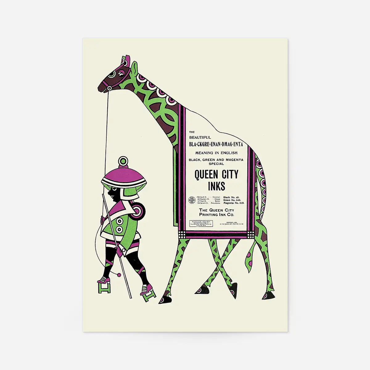 Queen City Printing Inks Vintage Poster - Green & Pink Giraffe