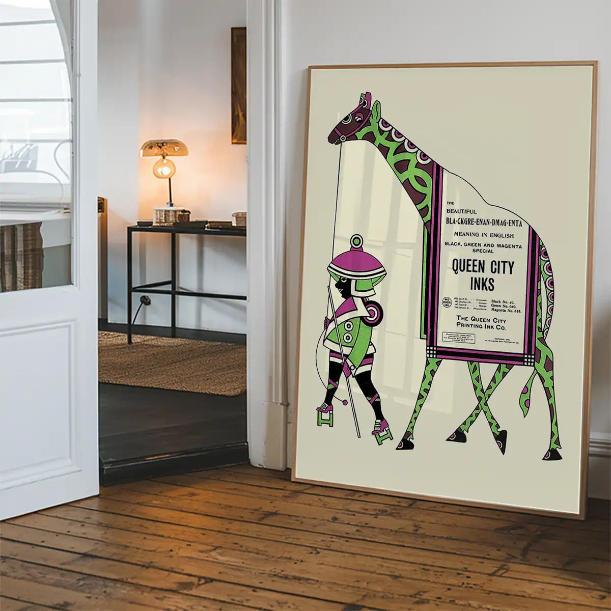 Queen City Printing Inks Vintage Poster - Green & Pink Giraffe