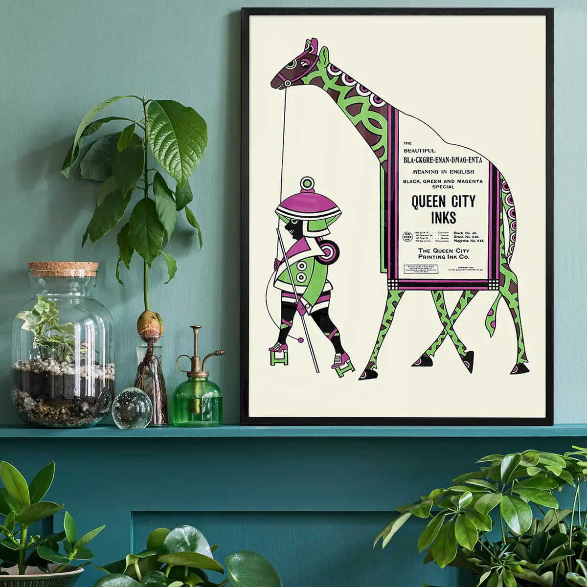Queen City Printing Inks Vintage Poster - Green & Pink Giraffe