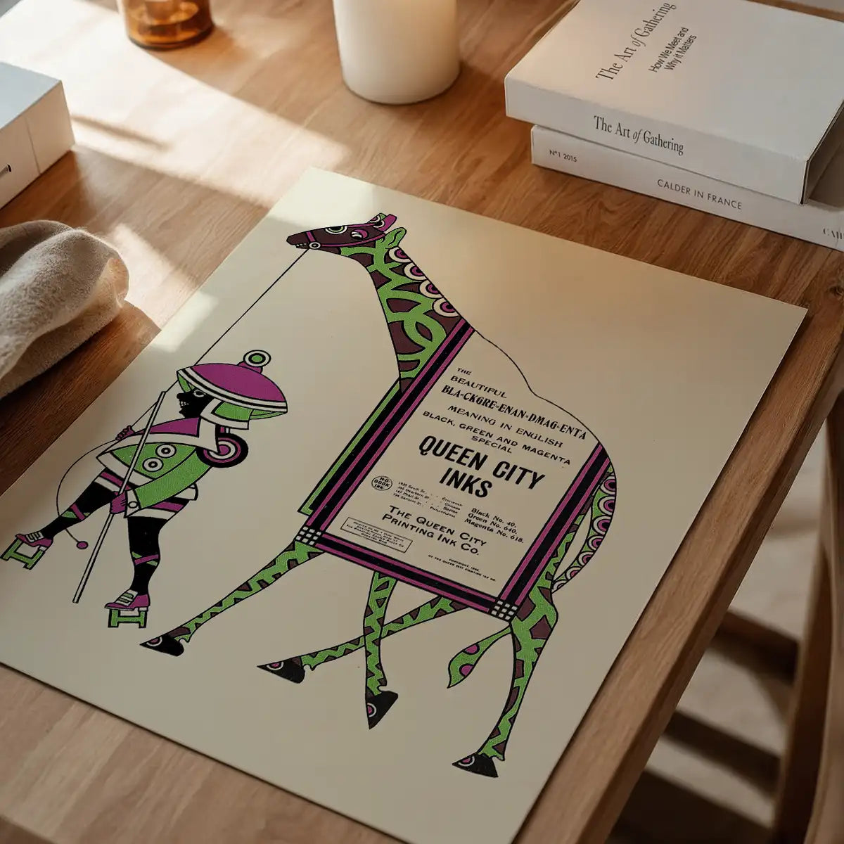 Queen City Printing Inks Vintage Poster - Green & Pink Giraffe