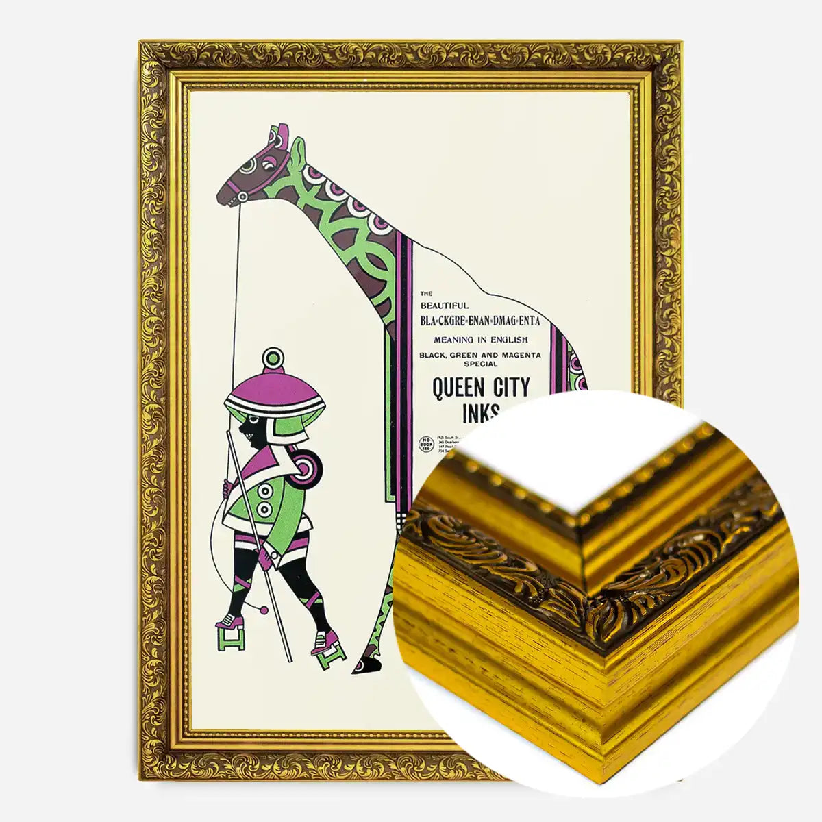 Queen City Printing Inks Vintage Poster - Green & Pink Giraffe