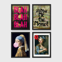 Set of 4 framed prints, educational planet illustrations: Jupiter with its bands and Great Red Spot, captioned; Planet Earth from space, captioned; Venus, captioned; and Mars, captioned — unframed